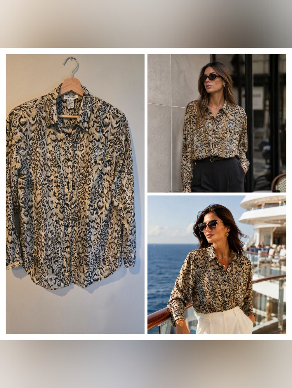 Silk Vintage Metro Express Animal Print Blouse M Leopard Button Down Shirt Y2K
